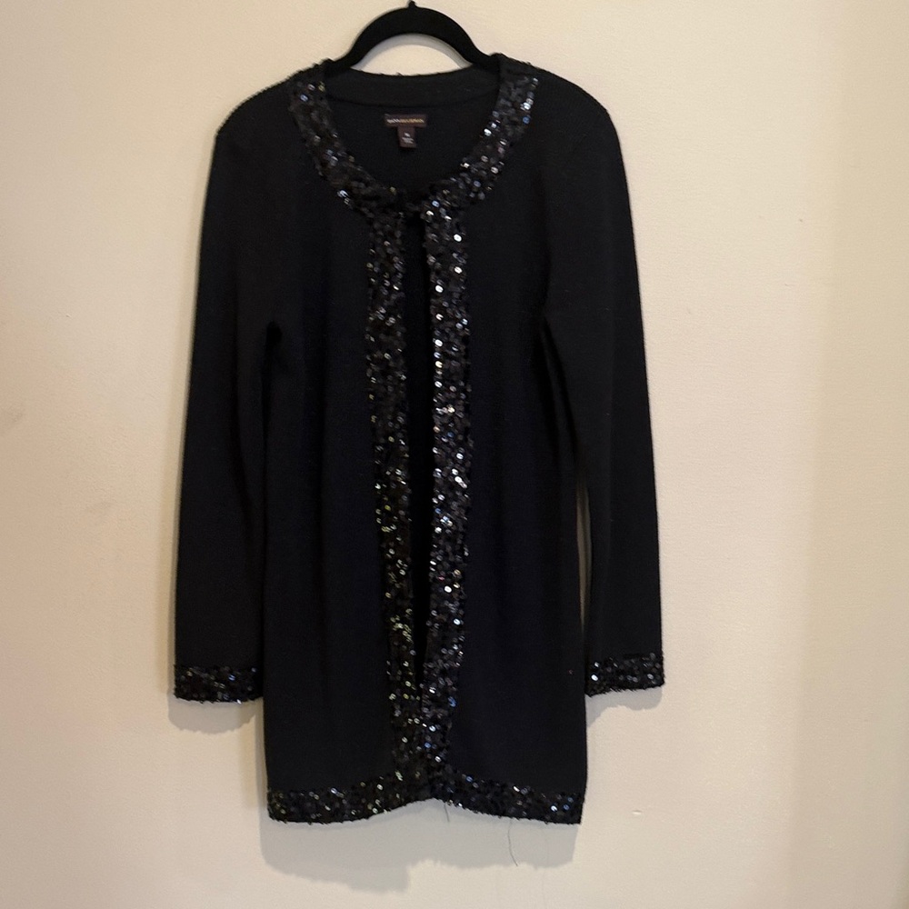 Black Sequin Trim Long Elegant Chic Cardigan - everyday attire Preppy Modern